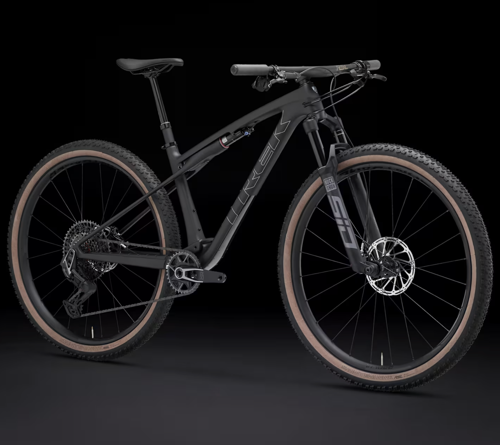 Trek Supercaliber SLR 9.8 XO AXS T-Type Gen 2 XC mountain bike in Carbon Smoke Galactic Grey Marble with Bontrager Kovee Elite 30 carbon wheels and RockShox SID Select+ fork